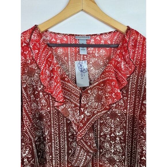 Catherines Women's Top Plus Size 3X Orange Sheer 3/4 Sleeve Ruffle Shirt Blouse - Picture 2 of 10